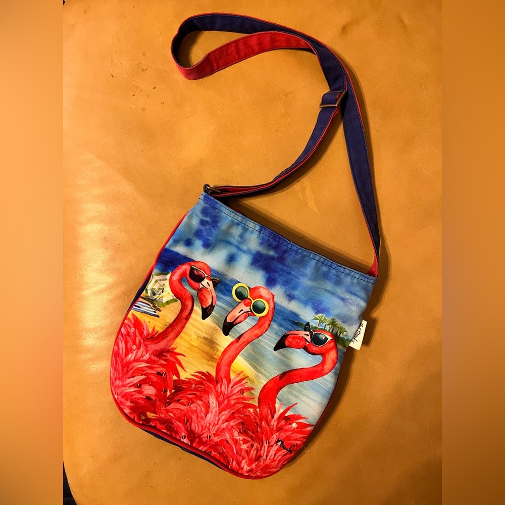 Flamingo Print Crossbody Shoulder Bag - Women Bags - Red & Blue canvas-EUC